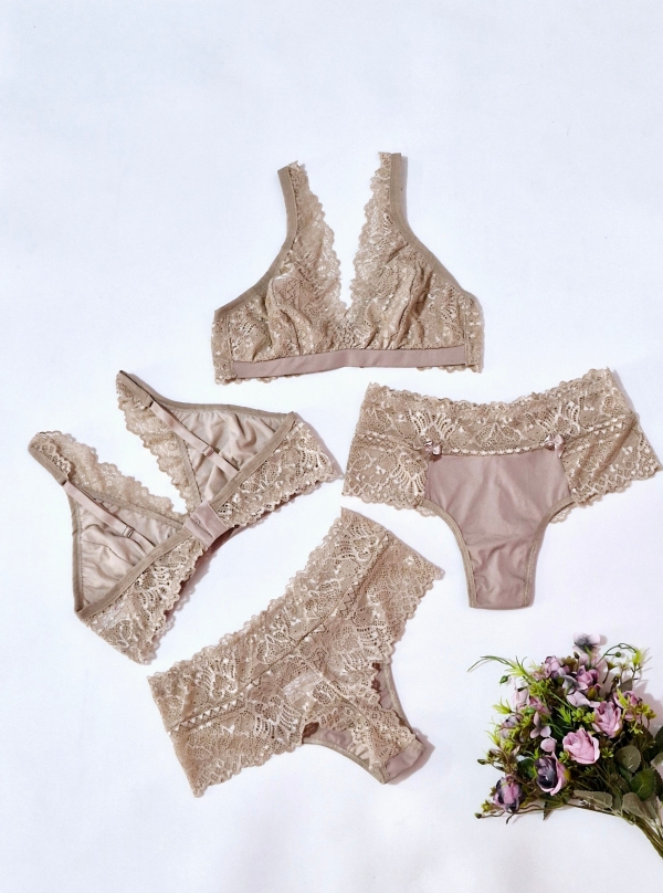 Conjunto de lingerie feminina sem bojo com alças em renda,  disponível em três cores - Image 2