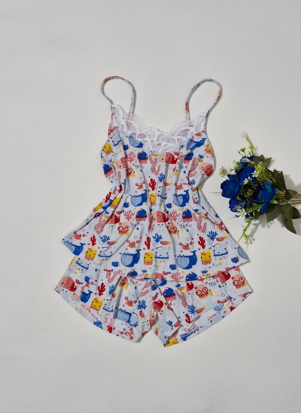 baby doll básico de liganete estampada e detalhes em renda branca - Image 2