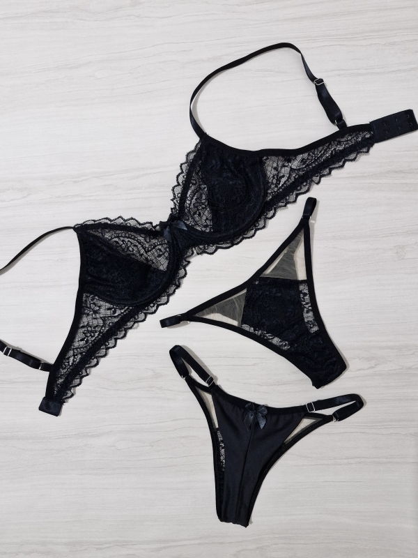 Conjunto de lingerie sensual meia-taça preto