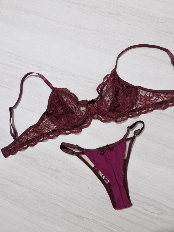 Conjunto de lingerie sensual meia-taça rubro - Image 2