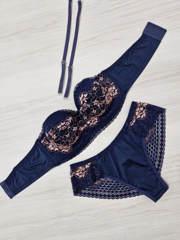 Conjunto de lingerie feminina pra usar com e sem alças em renda bicolor azul marinho