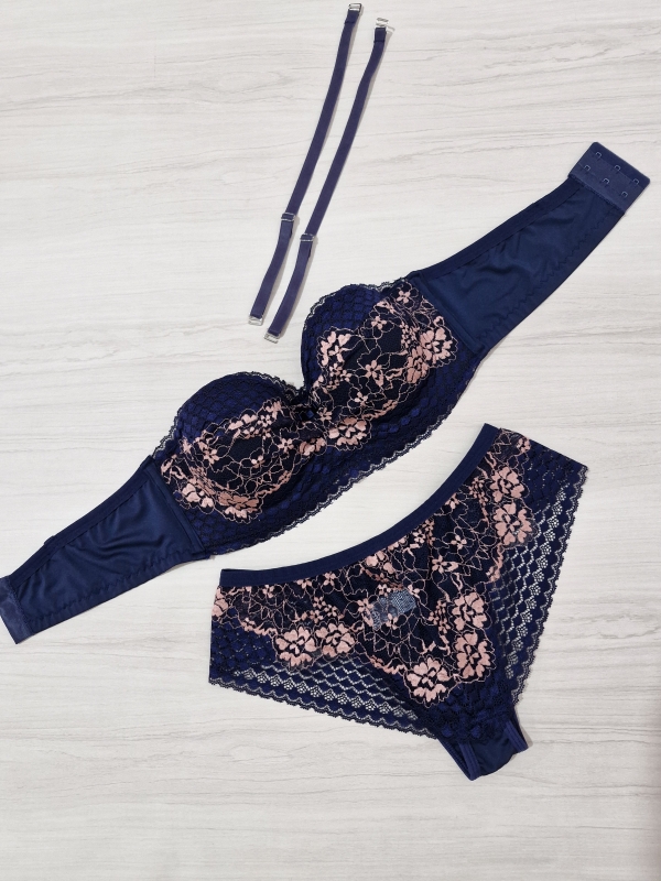 Conjunto de lingerie feminina pra usar com e sem alças em renda bicolor azul marinho - Image 2