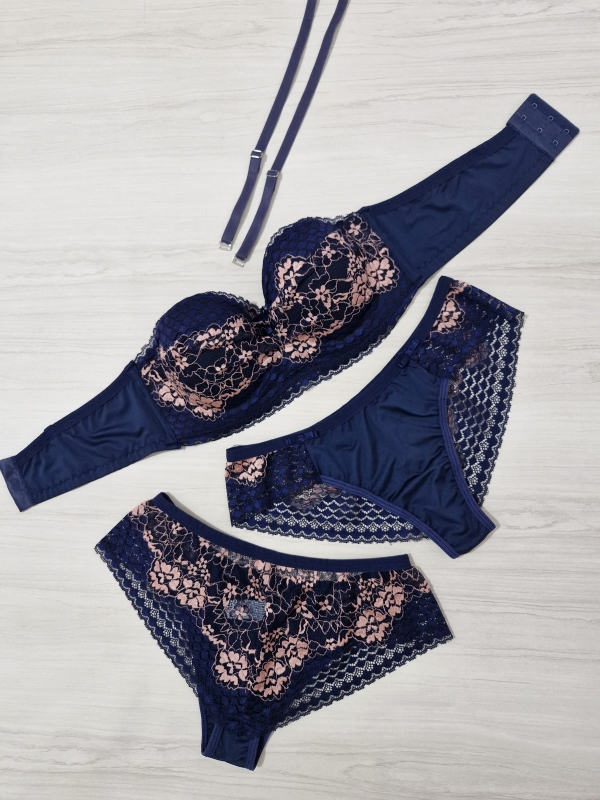 Conjunto de lingerie feminina pra usar com e sem alças em renda bicolor azul marinho - Image 3