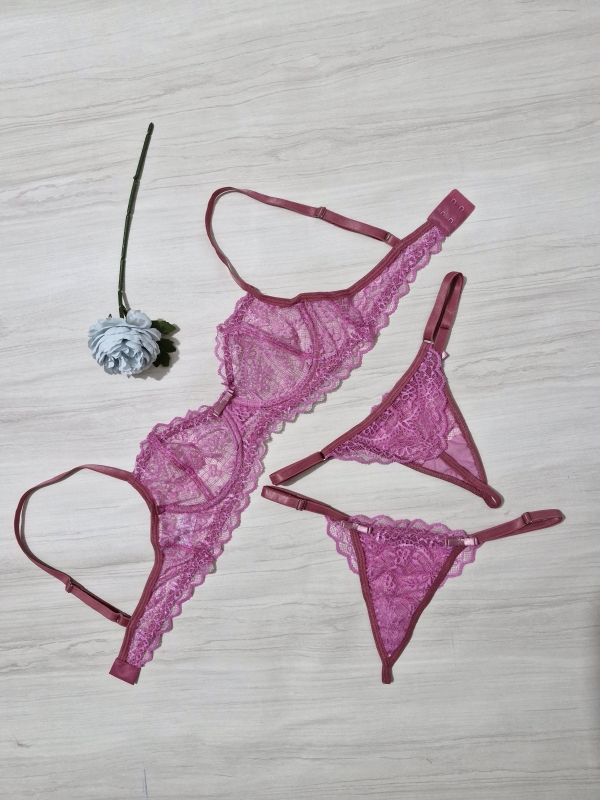 Conjunto de lingerie sensual meia-taça rosa chiclete
