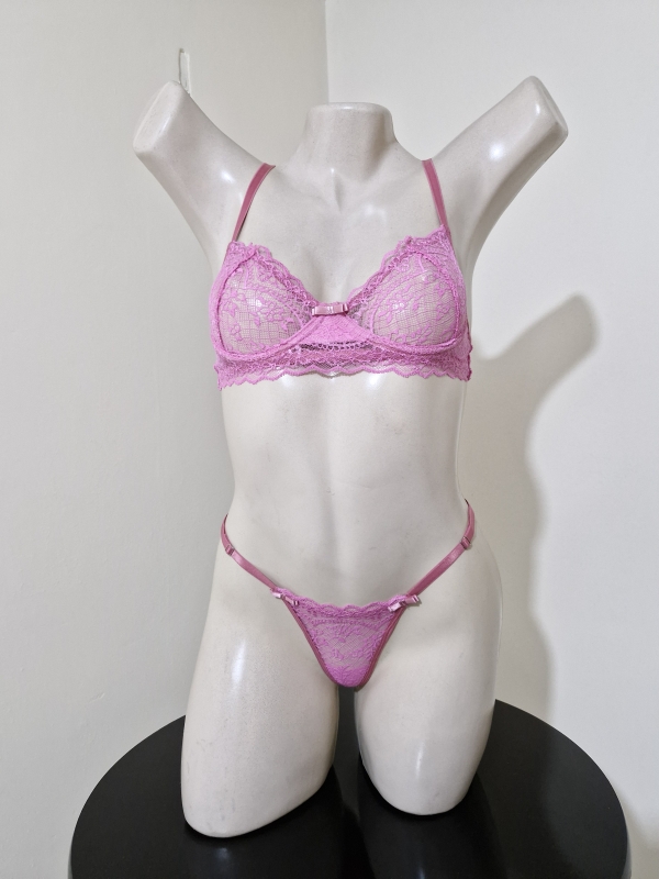 Conjunto de lingerie sensual meia-taça rosa chiclete - Image 2