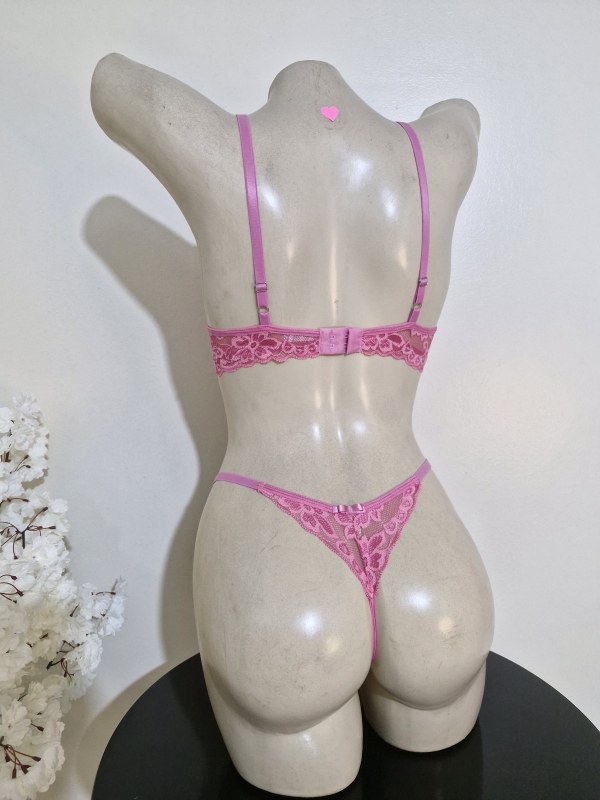 Conjunto de lingerie sensual meia-taça rosa chiclete - Image 4
