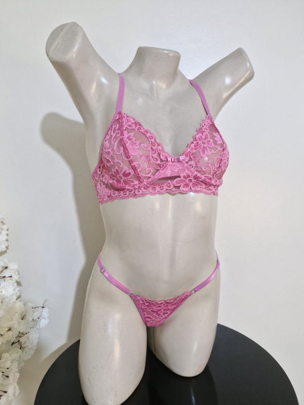 Conjunto de lingerie sensual meia-taça rosa chiclete - Image 3