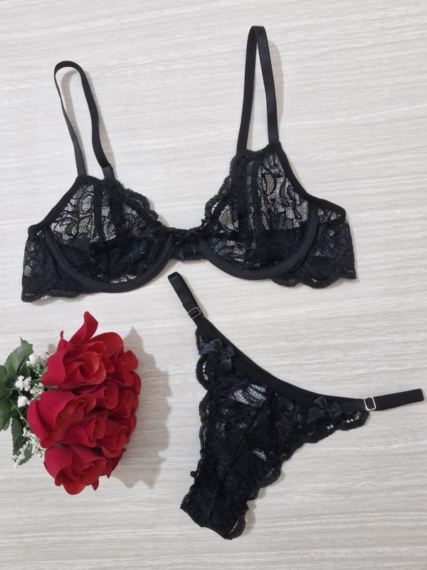 Conjunto de lingerie sensual meia-taça preto