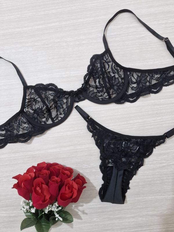 Conjunto de lingerie sensual meia-taça preto - Image 2