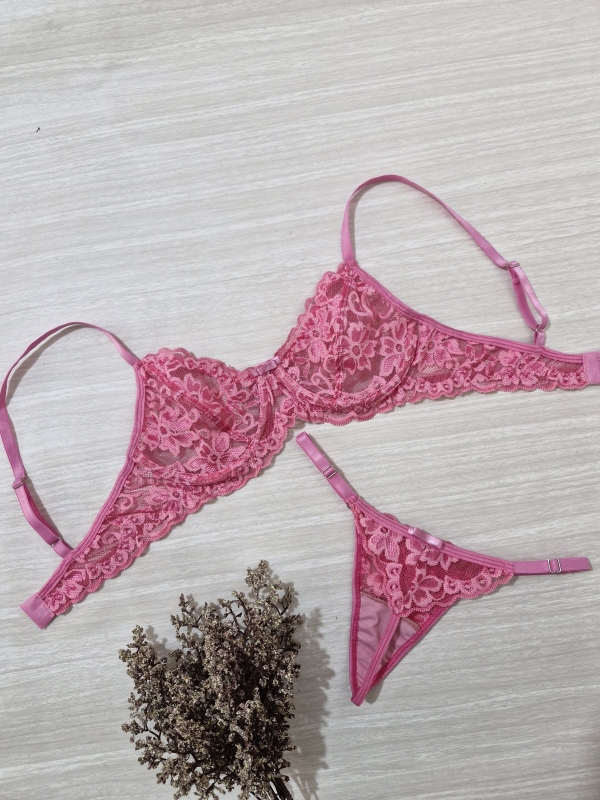 Conjunto de lingerie sensual meia-taça rosa chiclete - Image 2