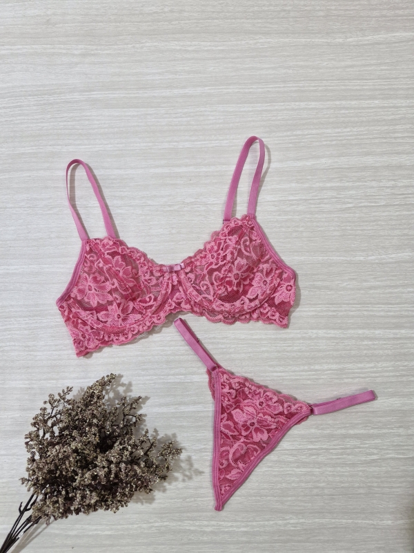 Conjunto de lingerie sensual meia-taça rosa chiclete