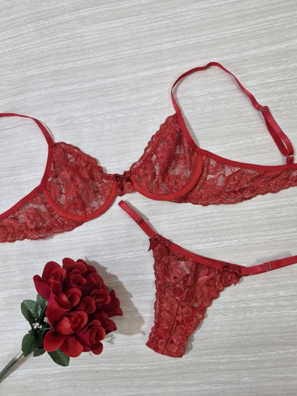 Conjunto de lingerie feminina sensual, meia-taça pimenta