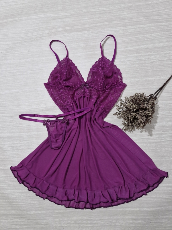 Camisola Laís feita com tule e renda morado - Image 3