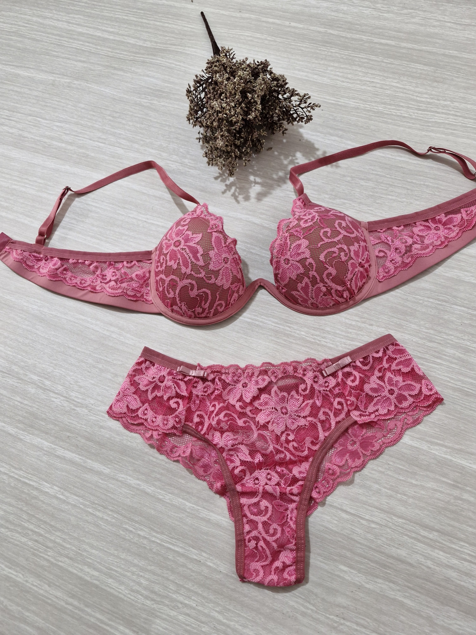 Conjunto de lingerie feminina arco inteiro rosa chiclete